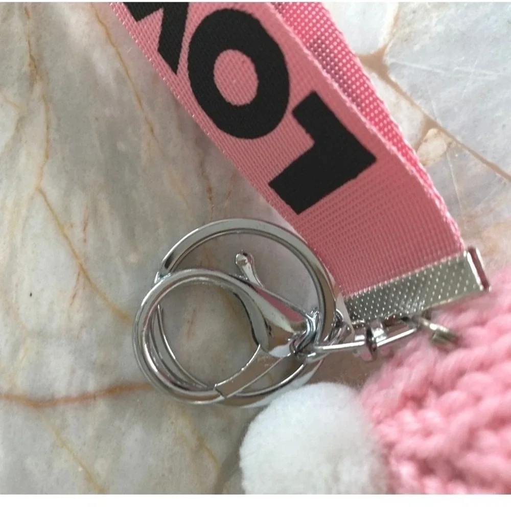 Pink Faux Fur Doll Keychain Charm with Glasses and LOVE Strap Accessory‎
